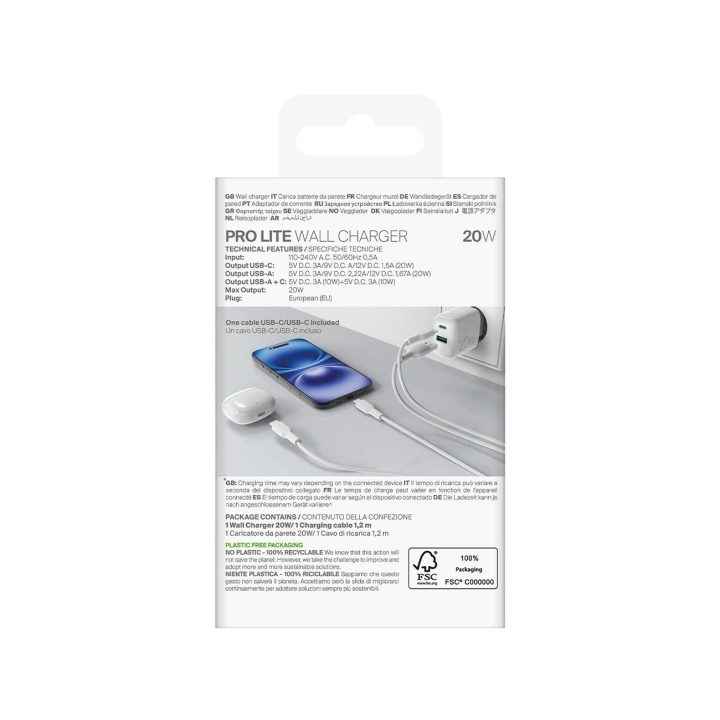 Puro PROLITE 20W sieninis įkroviklis (USB-A / USB-C) + 1,2 m USB-C – USB-C laidas, baltas