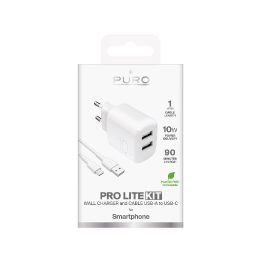 Puro PROLITE 10W sieninis įkroviklis 2x USB-A + USB-A – USB-C laidas 1,2 m – baltas
