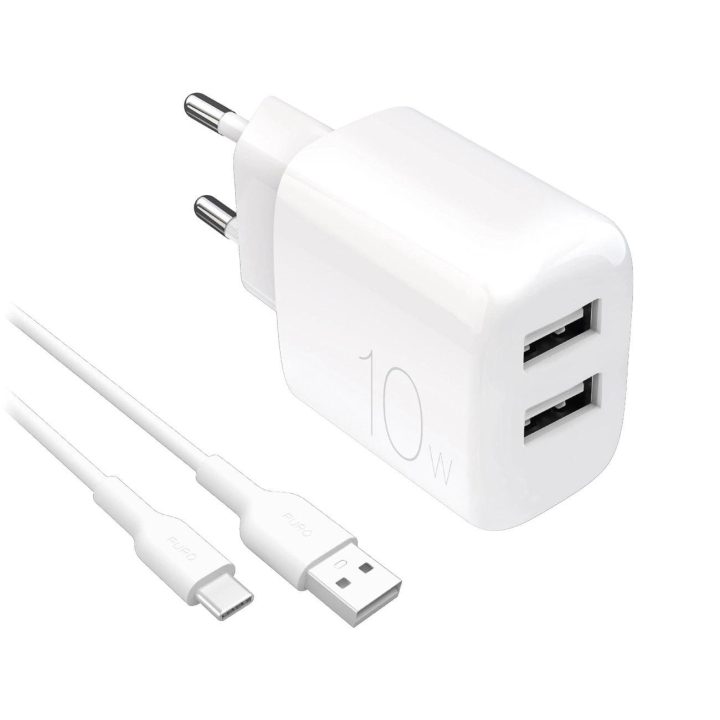 Puro PROLITE 10W sieninis įkroviklis 2x USB-A + USB-A – USB-C laidas 1,2 m – baltas