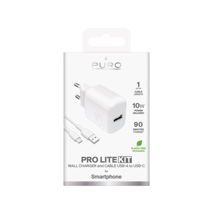 Puro PROLITE 10W sieninis USB įkroviklis + USB-A į USB-C laidas 1,2 m – baltas