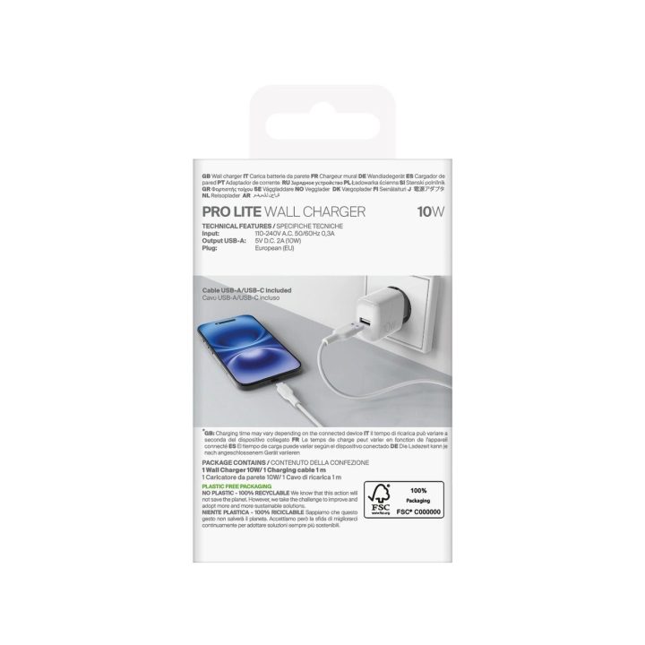Puro PROLITE 10W sieninis USB įkroviklis + USB-A į USB-C laidas 1,2 m – baltas