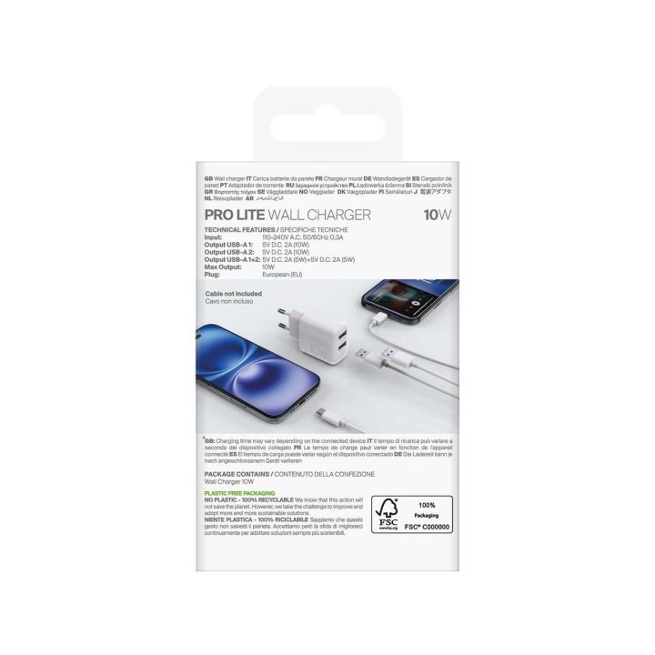Puro PROLITE 10W sieninis įkroviklis, 2x USB-A, baltas