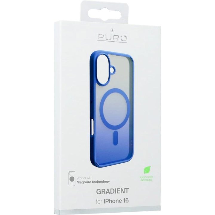 Puro skaidrus gradientinis dėklas su MagSafe, skirtas iPhone 16E, mėlynas.