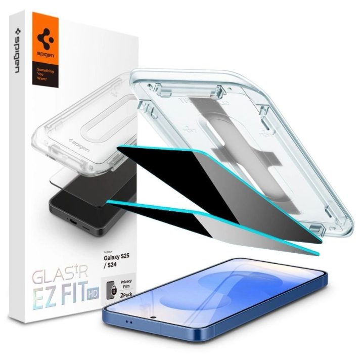Spigen Glas.tR Ez Fit“ privatumo apsauginis grūdintas stiklas, 2 vnt., skirtas Samsung Galaxy S24 / S25 telefonams.
