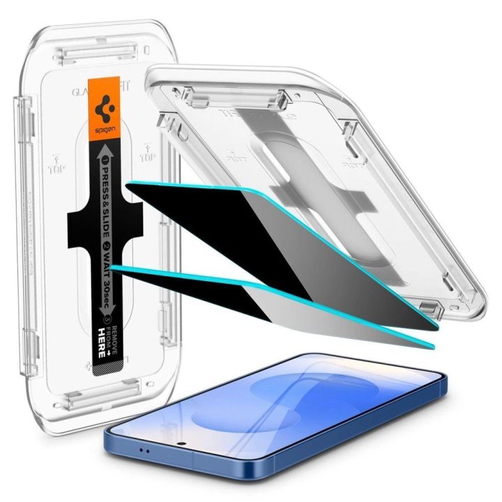 Spigen Glas.tR Ez Fit“ privatumo apsauginis grūdintas stiklas, 2 vnt., skirtas Samsung Galaxy S24 / S25 telefonams.