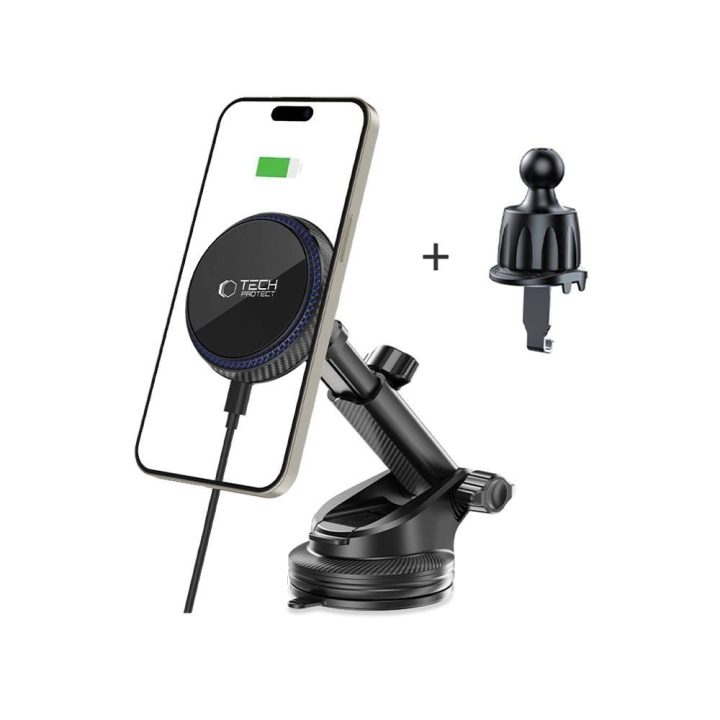 MM15W Magnetinis MagSafe 15 W automobilinis laikiklis prietaisų skydeliui / priekiniam stiklui / ventiliacijos angoms – juodas