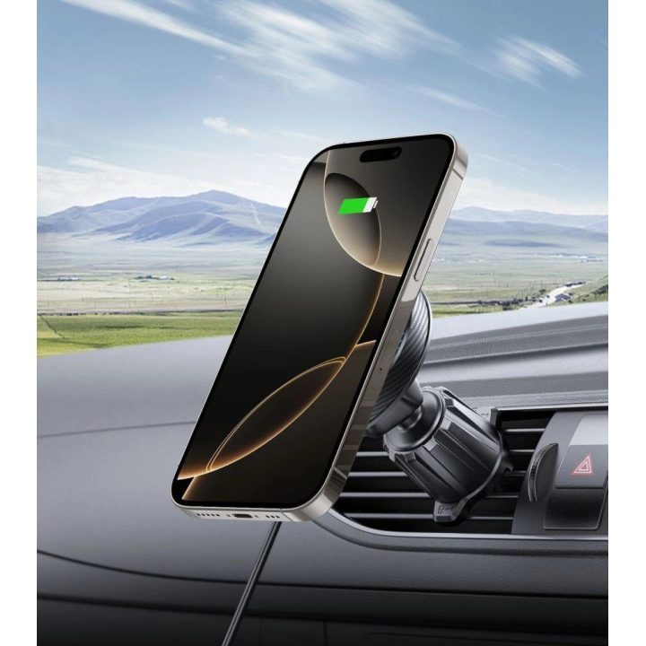 MM15W Magnetinis MagSafe 15 W automobilinis laikiklis prietaisų skydeliui / priekiniam stiklui / ventiliacijos angoms – juodas