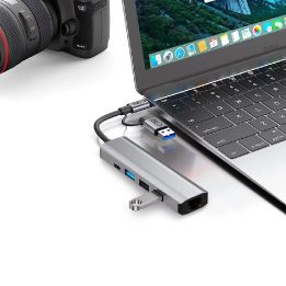 HB03 šakotuvas 5 viename: USB-C + USB 2.0 + USB 3.0 + RJ45 - pilkas