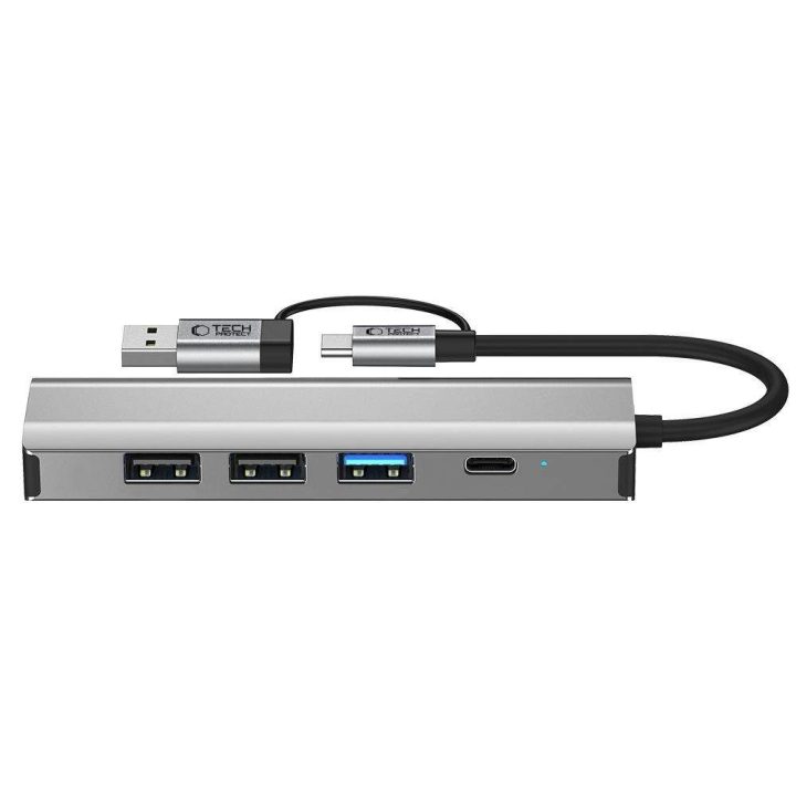 HB03 šakotuvas 5 viename: USB-C + USB 2.0 + USB 3.0 + RJ45 - pilkas