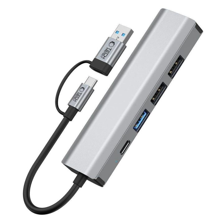 HB03 šakotuvas 5 viename: USB-C + USB 2.0 + USB 3.0 + RJ45 - pilkas
