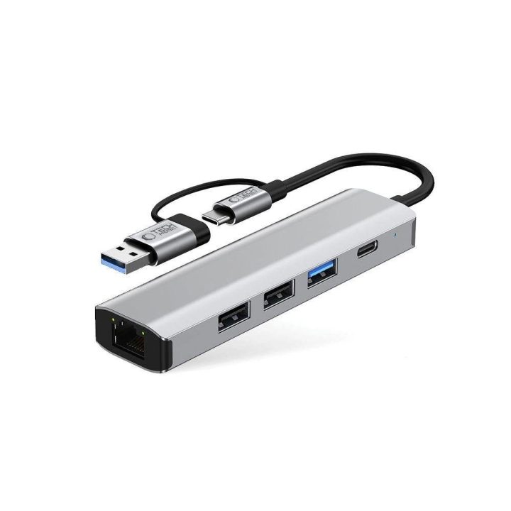 HB03 šakotuvas 5 viename: USB-C + USB 2.0 + USB 3.0 + RJ45 - pilkas