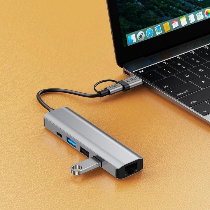 HB03 šakotuvas 5 viename: USB-C + USB 2.0 + USB 3.0 + RJ45 - pilkas