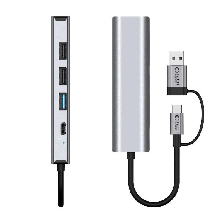 HB03 šakotuvas 5 viename: USB-C + USB 2.0 + USB 3.0 + RJ45 - pilkas