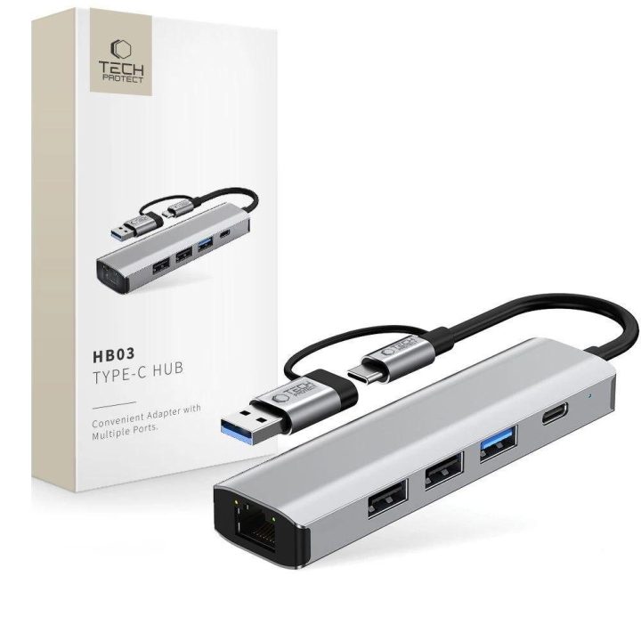 HB03 šakotuvas 5 viename: USB-C + USB 2.0 + USB 3.0 + RJ45 - pilkas