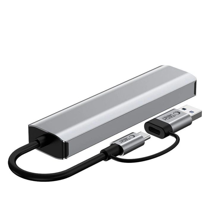 HB03 šakotuvas 5 viename: USB-C + USB 2.0 + USB 3.0 + RJ45 - pilkas