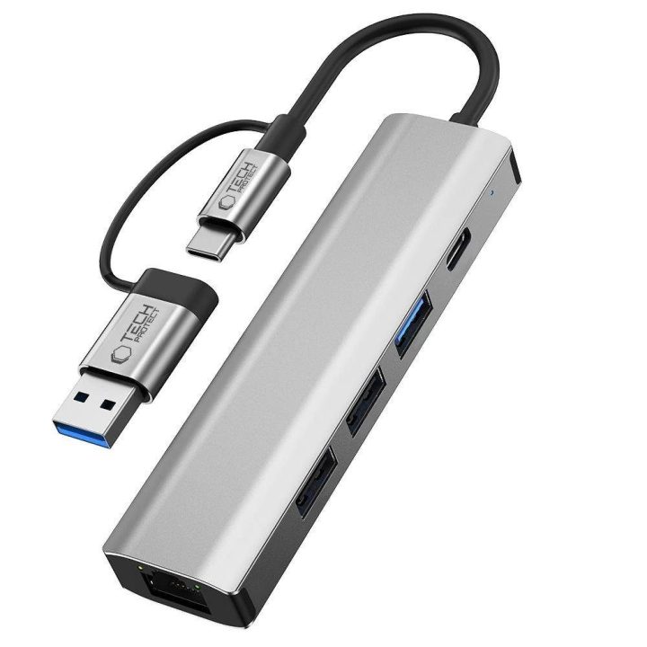 HB03 šakotuvas 5 viename: USB-C + USB 2.0 + USB 3.0 + RJ45 - pilkas