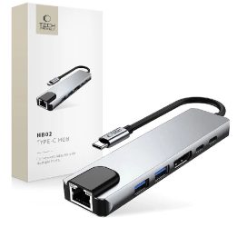 “ 6in1 USB-C šakotuvas su USB2.0, USB3.0, HDMI 4K 30Hz, RJ45 ir 100 W maitinimo jungtimis – pilkas