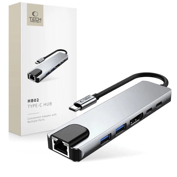 “ 6in1 USB-C šakotuvas su USB2.0, USB3.0, HDMI 4K 30Hz, RJ45 ir 100 W maitinimo jungtimis – pilkas
