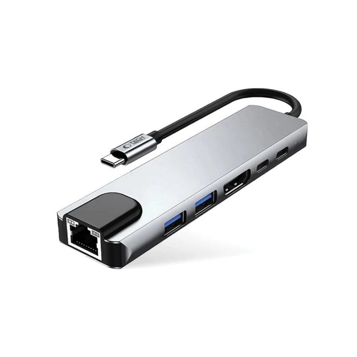 “ 6in1 USB-C šakotuvas su USB2.0, USB3.0, HDMI 4K 30Hz, RJ45 ir 100 W maitinimo jungtimis – pilkas