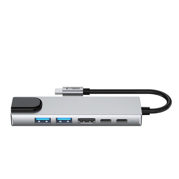 “ 6in1 USB-C šakotuvas su USB2.0, USB3.0, HDMI 4K 30Hz, RJ45 ir 100 W maitinimo jungtimis – pilkas