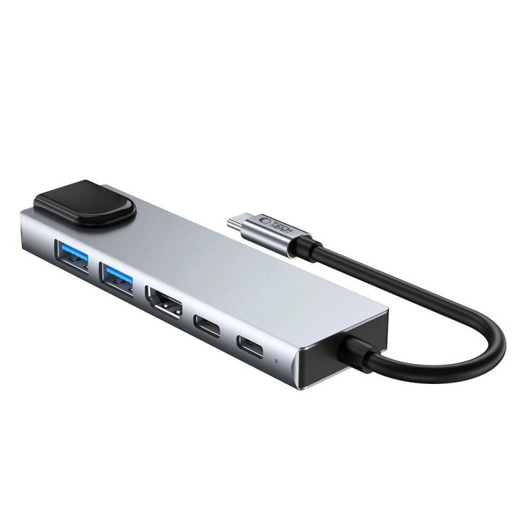 “ 6in1 USB-C šakotuvas su USB2.0, USB3.0, HDMI 4K 30Hz, RJ45 ir 100 W maitinimo jungtimis – pilkas