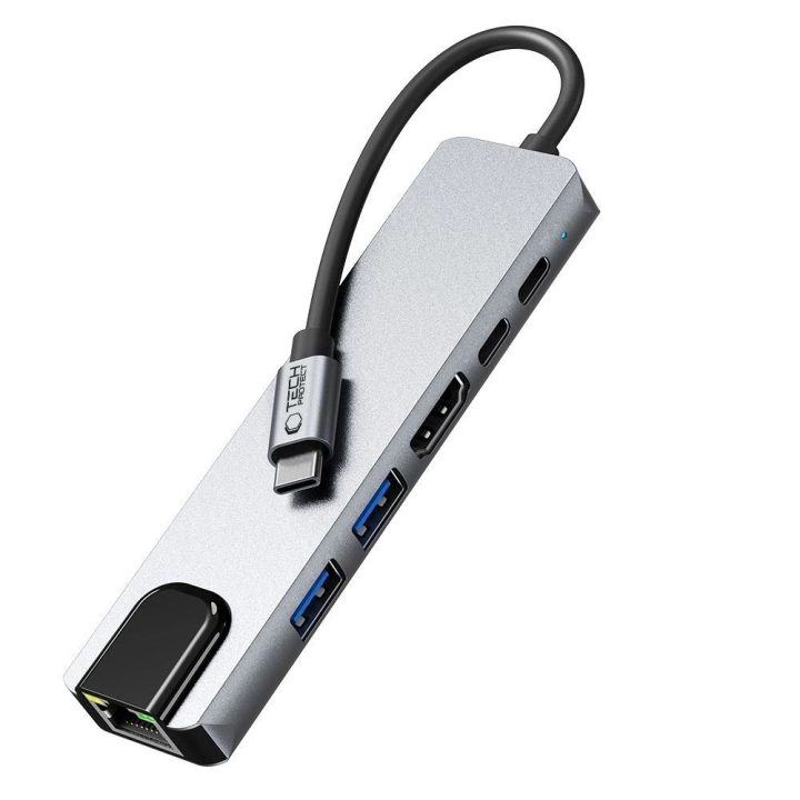“ 6in1 USB-C šakotuvas su USB2.0, USB3.0, HDMI 4K 30Hz, RJ45 ir 100 W maitinimo jungtimis – pilkas