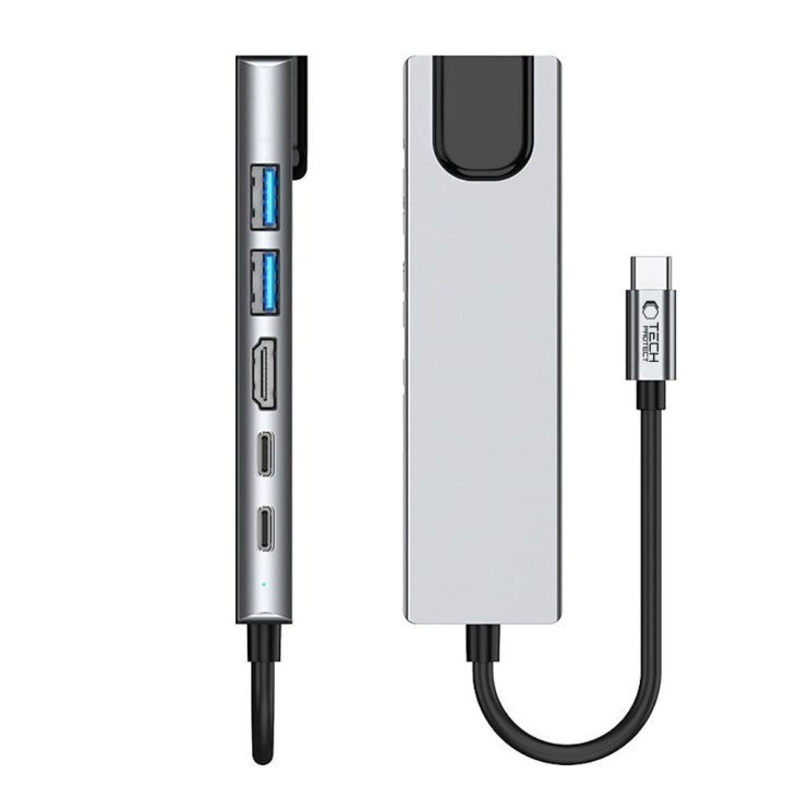 “ 6in1 USB-C šakotuvas su USB2.0, USB3.0, HDMI 4K 30Hz, RJ45 ir 100 W maitinimo jungtimis – pilkas