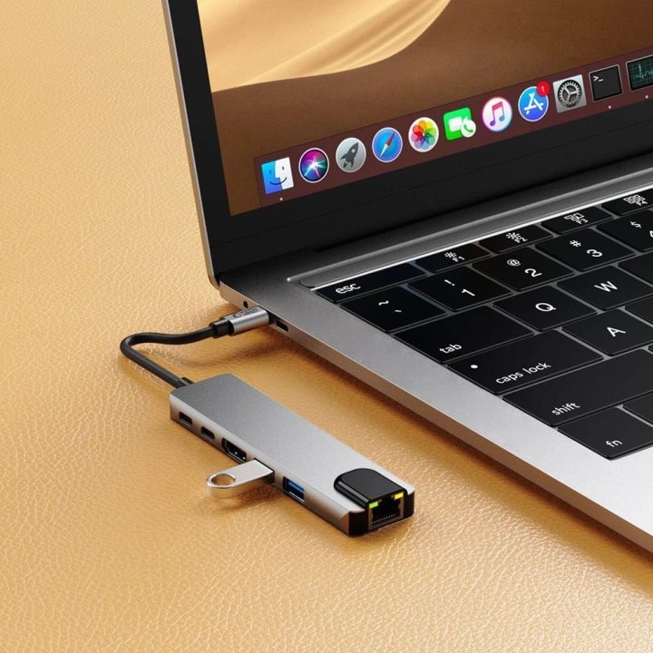 “ 6in1 USB-C šakotuvas su USB2.0, USB3.0, HDMI 4K 30Hz, RJ45 ir 100 W maitinimo jungtimis – pilkas