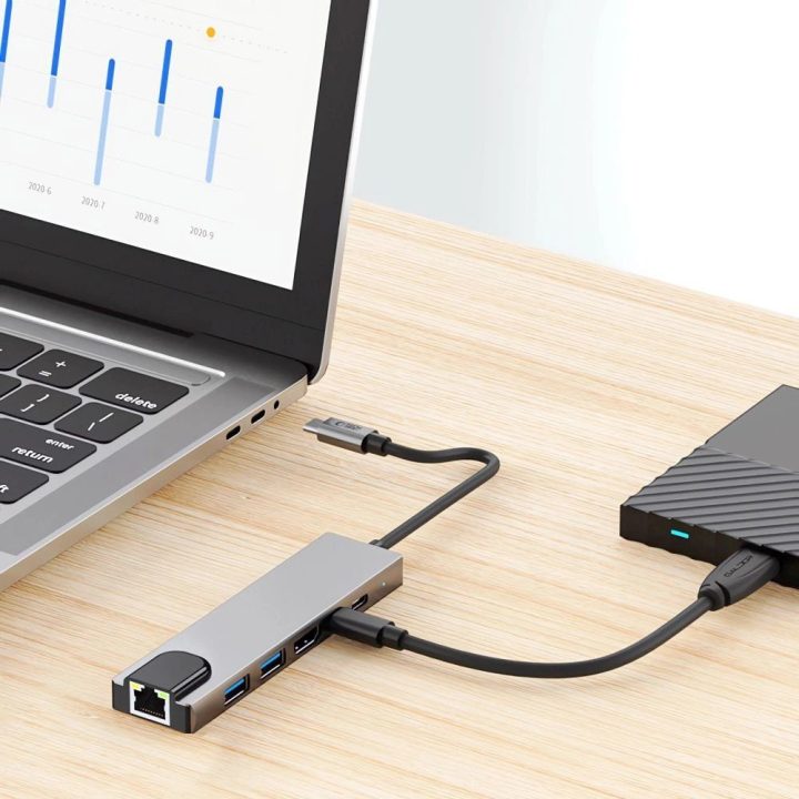 “ 6in1 USB-C šakotuvas su USB2.0, USB3.0, HDMI 4K 30Hz, RJ45 ir 100 W maitinimo jungtimis – pilkas