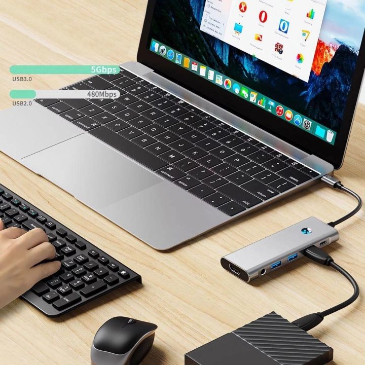 9in1 USB-C šakotuvas su USB2.0, USB3.0, HDMI 4K 60Hz, SD/TF kortelių skaitytuvu, 100W maitinimo įvestimi ir 3,5 mm audio jungtim