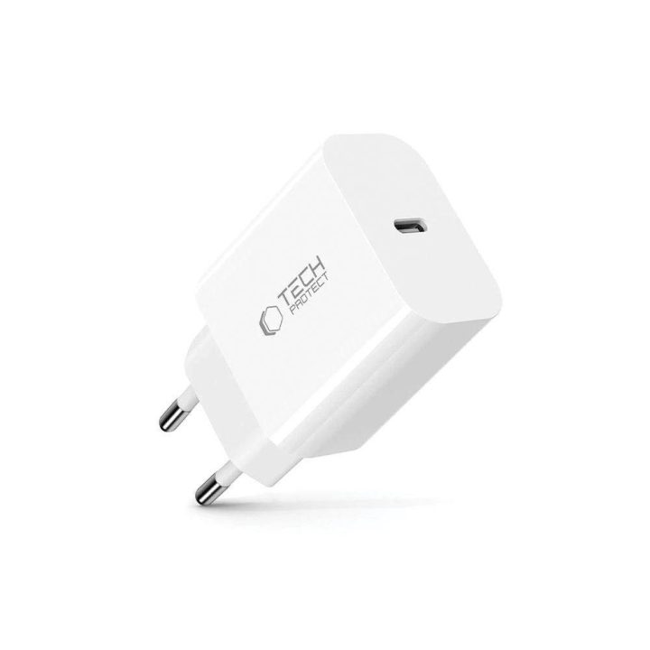 sieninis įkroviklis su USB-C jungtimi, baltas.