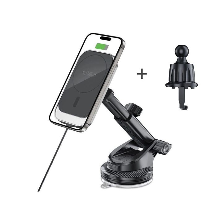 MM15W automobilinis laikiklis su MagSafe, skirtas prietaisų skydeliui ir ventiliacijos angai, 15 W - juodos spalvos.