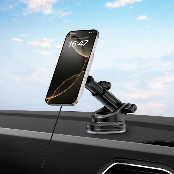 MM15W automobilinis laikiklis su MagSafe, skirtas prietaisų skydeliui ir ventiliacijos angai, 15 W - juodos spalvos.