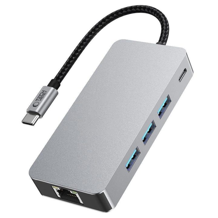 “ 9in1 USB-C šakotuvas su USB2.0, USB3.0, HDMI 4K 60Hz, SD/TF kortelių skaitytuvu, 100W PD įkrovimu ir RJ45 jungtimi – pilkos sp