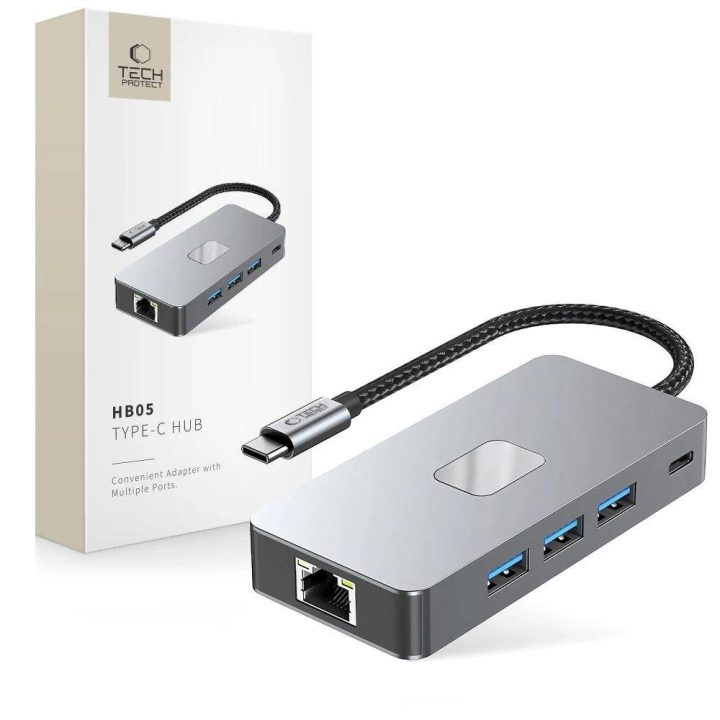 “ 9in1 USB-C šakotuvas su USB2.0, USB3.0, HDMI 4K 60Hz, SD/TF kortelių skaitytuvu, 100W PD įkrovimu ir RJ45 jungtimi – pilkos sp