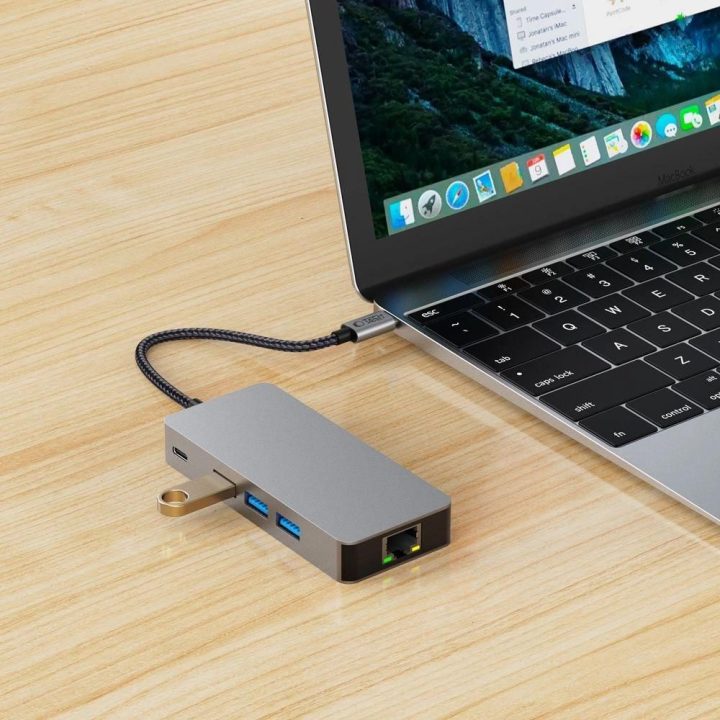 “ 9in1 USB-C šakotuvas su USB2.0, USB3.0, HDMI 4K 60Hz, SD/TF kortelių skaitytuvu, 100W PD įkrovimu ir RJ45 jungtimi – pilkos sp