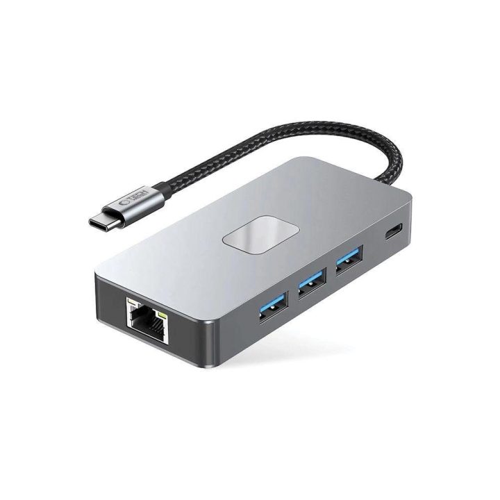 “ 9in1 USB-C šakotuvas su USB2.0, USB3.0, HDMI 4K 60Hz, SD/TF kortelių skaitytuvu, 100W PD įkrovimu ir RJ45 jungtimi – pilkos sp