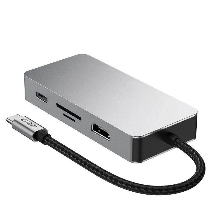 “ 9in1 USB-C šakotuvas su USB2.0, USB3.0, HDMI 4K 60Hz, SD/TF kortelių skaitytuvu, 100W PD įkrovimu ir RJ45 jungtimi – pilkos sp