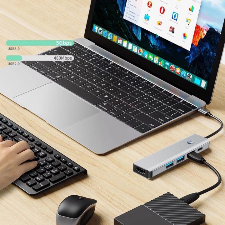 “ 5in1 USB-C adapteris su USB 3.0, HDMI 4K 60Hz ir 100 W PD jungtimis – pilkas