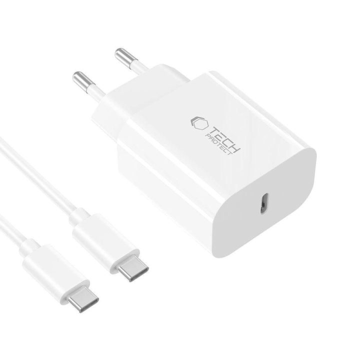 USB-C sieninis įkroviklis su USB-C laidu (20 W), baltas.