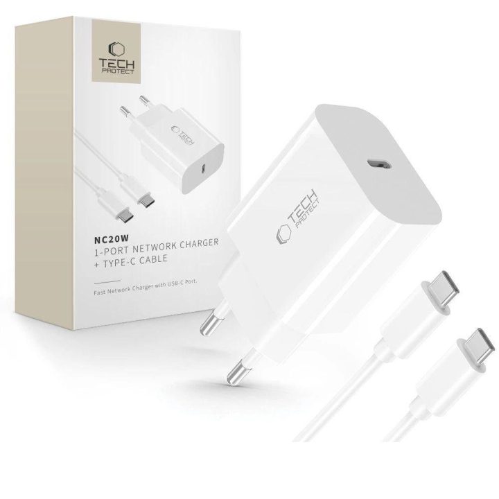 USB-C sieninis įkroviklis su USB-C laidu (20 W), baltas.