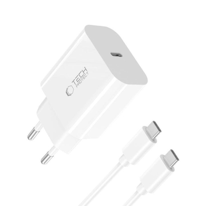 USB-C sieninis įkroviklis su USB-C laidu (20 W), baltas.