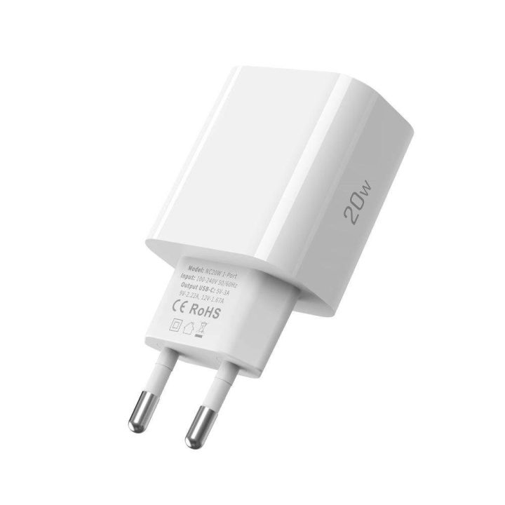 USB-C sieninis įkroviklis su USB-C laidu (20 W), baltas.