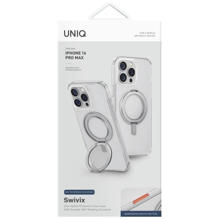Uniq Swivix 360° besisukantis dėklas su stovu iPhone 16 Pro Max – skaidrus