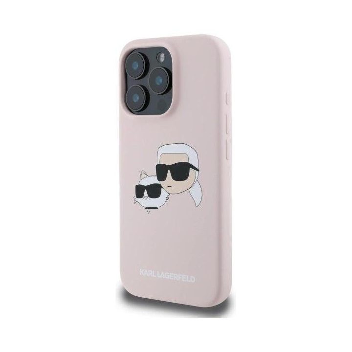 Karl Lagerfeld silikoninis dėklas su galvos atvaizdu, MagSafe, iPhone 16 Pro Max, rožinis
