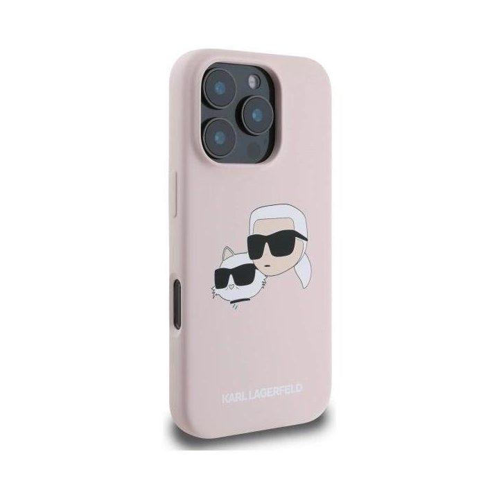 Karl Lagerfeld silikoninis dėklas su galvos atvaizdu, MagSafe, iPhone 16 Pro Max, rožinis
