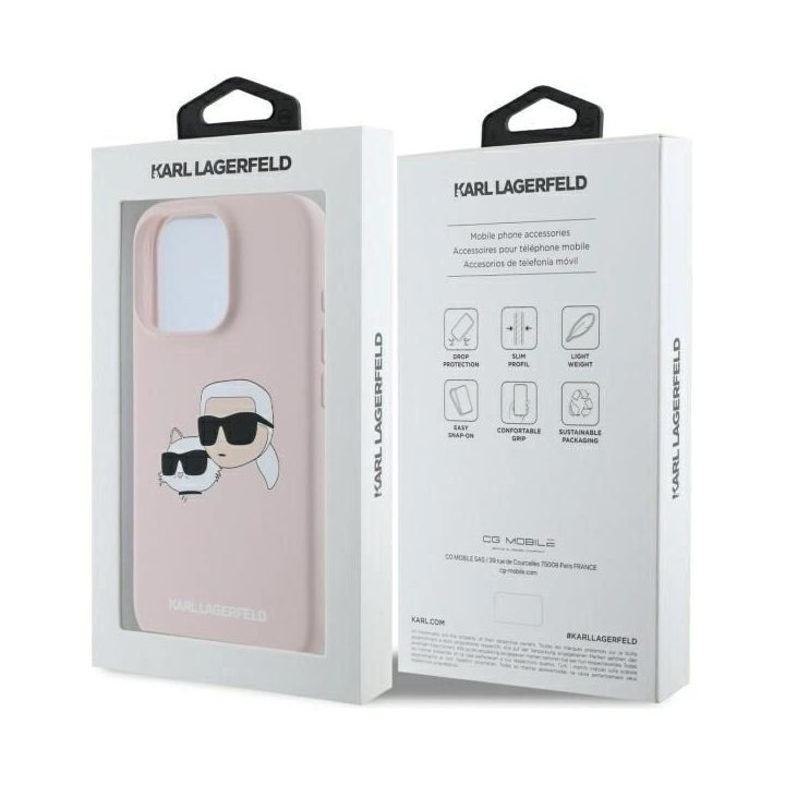 Karl Lagerfeld silikoninis dėklas su galvos atvaizdu, MagSafe, iPhone 16 Pro Max, rožinis