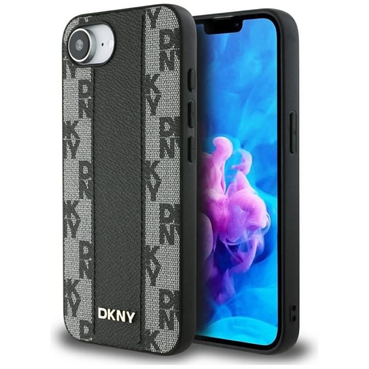 DKNY odinis dėklas su languotu raštu MagSafe iPhone 16e – juodas