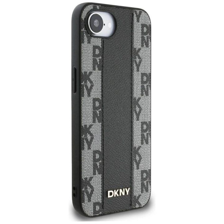 DKNY odinis dėklas su languotu raštu MagSafe iPhone 16e – juodas
