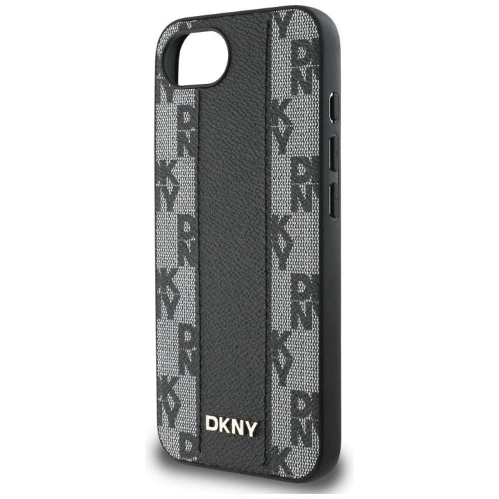 DKNY odinis dėklas su languotu raštu MagSafe iPhone 16e – juodas